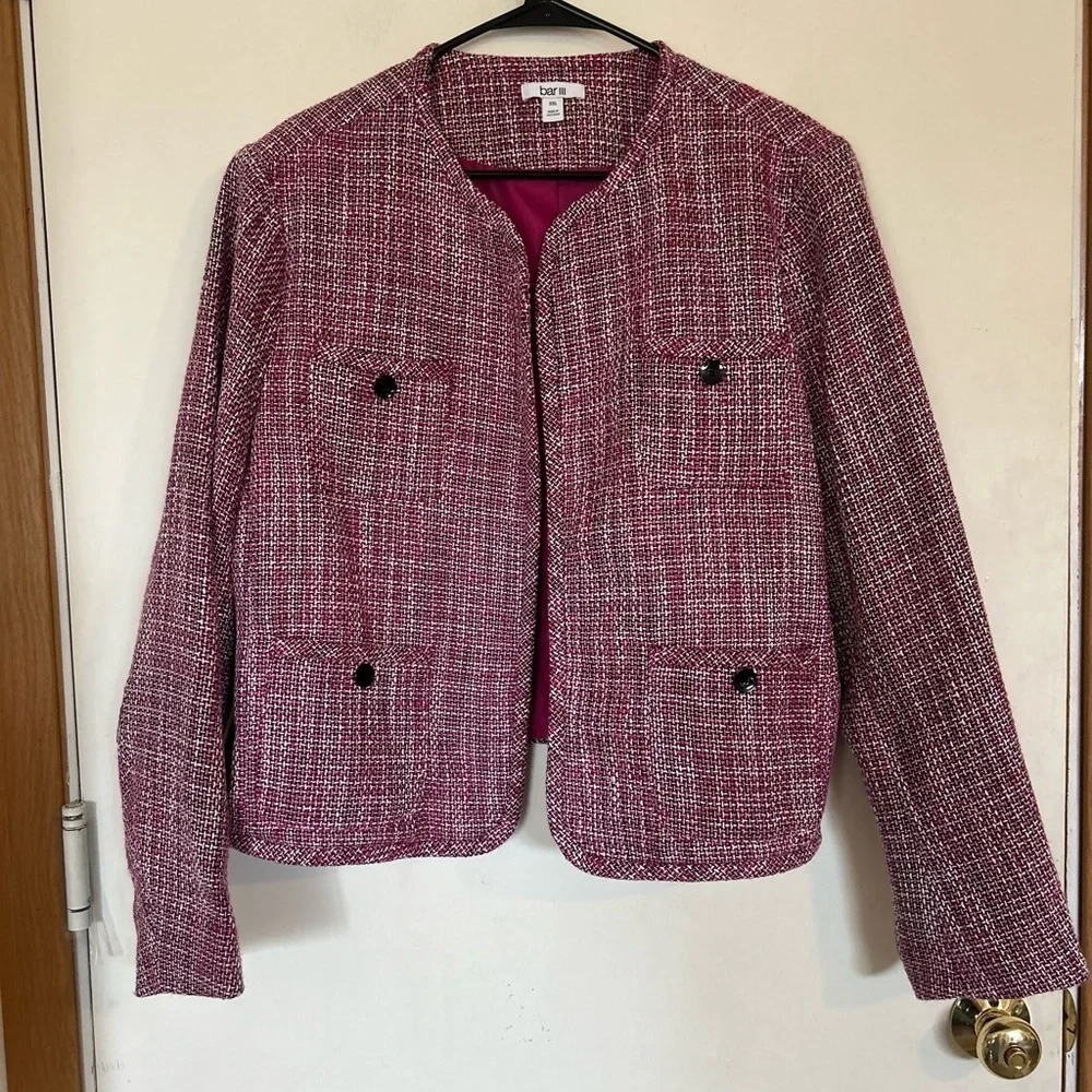 Bar III XXL Women's Tweed Patch-Pocket Kissing Jacket Pink Black White Career